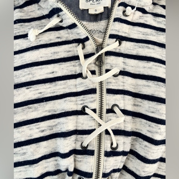 Sperry Hoodie Women’s 1/4 Zip Pullover Size Small Kangaroo Pocket Striped Navy - Picture 4 of 7